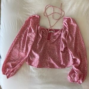Abercrombie Long-Sleeve Faux Silk Cinched Top, Size: Large, Color: Pink Floral